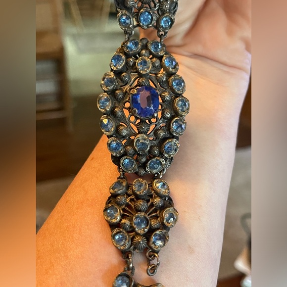 Vintage Art Nouveau Czech (Austrian?) Cobalt Blue Glass Stone Filigree Bracelet - Picture 4 of 10